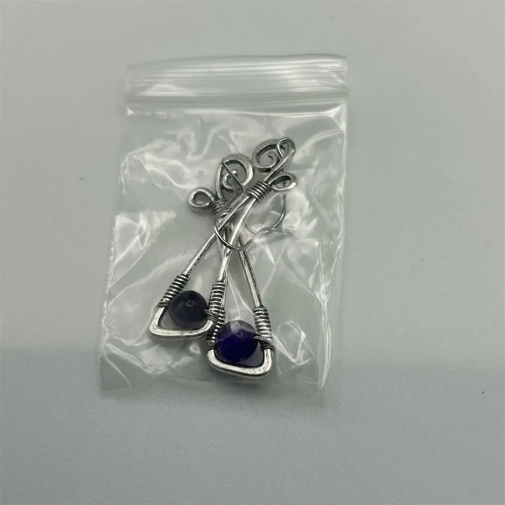 Fun Whimsical Curved Silver Tone Long Dangle Earrings Purple Beaded Bow Knot